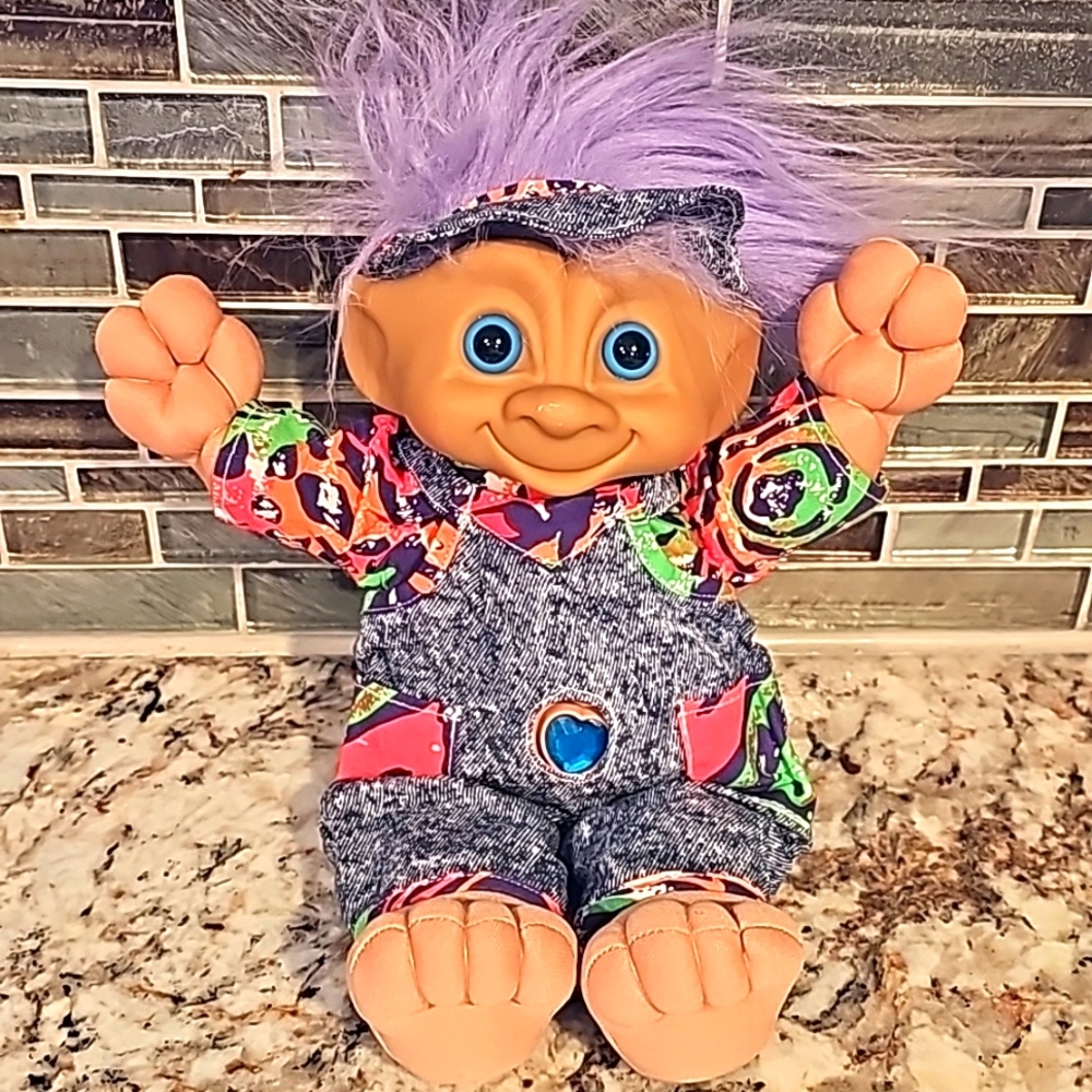 Vintage Treasure Troll Plush 1991 Ace Novelty Retro Neon & Denim